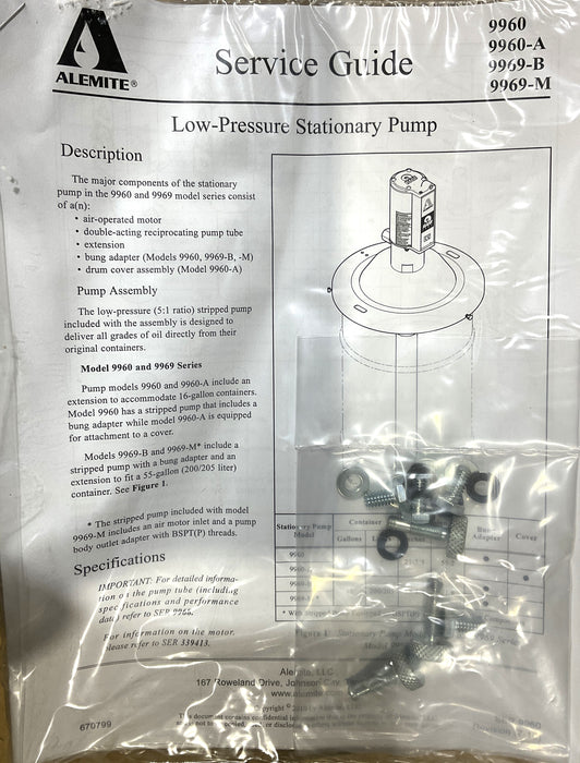 Alemite 9960-A Oil Pump, Stationary, Oil Lub., Pneumatic RAM Pump, 16 gal, 7 gpm