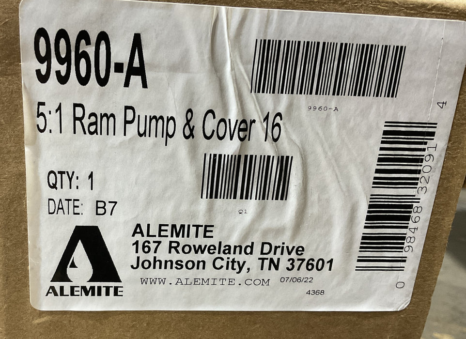Alemite 9960-A Oil Pump, Stationary, Oil Lub., Pneumatic RAM Pump, 16 gal, 7 gpm