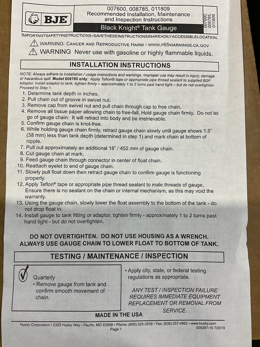 BJE Black Knight Oil Tank Gauge with Vertical Float, Model BK