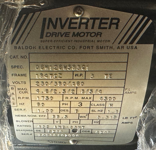 BALDOR INVERTER DRIVE MOTOR 06H126M583G1 FRAME 184TCZ 40006036+030