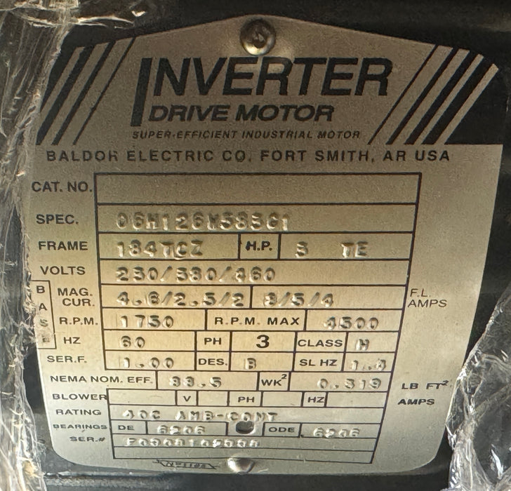 BALDOR INVERTER DRIVE MOTOR 06H126M583G1 FRAME 184TCZ 40006036+030
