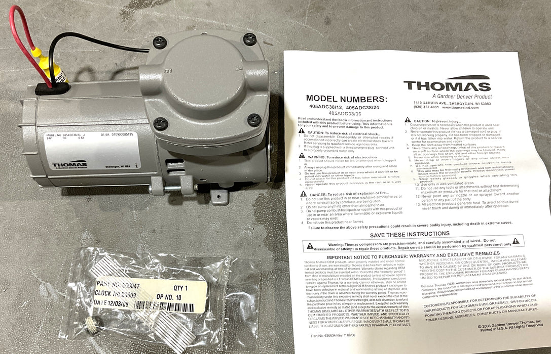 CNH MC1150E WOB-L COMPRESSOR 24V A184749 THOMAS 405ADC38/24 Thomas Oil-less