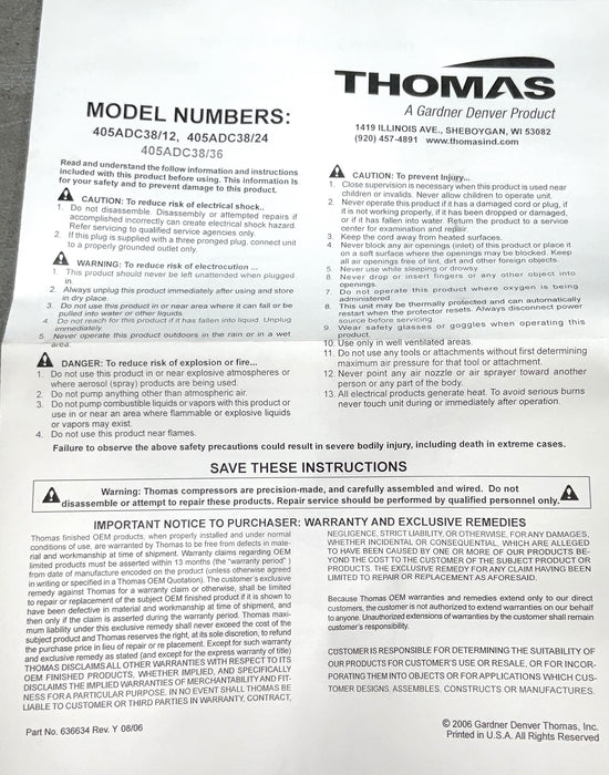 CNH MC1150E WOB-L COMPRESSOR 24V A184749 THOMAS 405ADC38/24 Thomas Oil-less