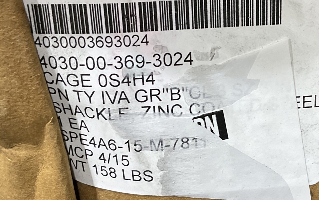 SHACKLE 750,000# BRESKINIG STRNGTHTY IVA GR"B"CL 3 SZ 3IN 4030-00-369-3024