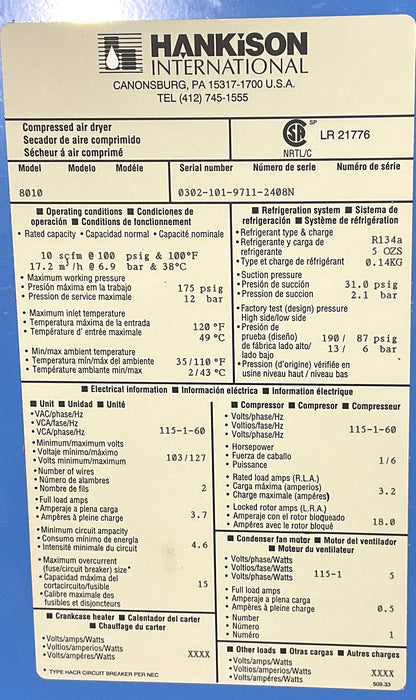 NEW Hankison International Compressed Air Dryer 10scfm 100psi 115V , MODEL 8010
