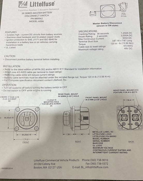 LITTLEFUSE 880062 Disconnect Switches SR SERIES BATTERY DISCONNECT