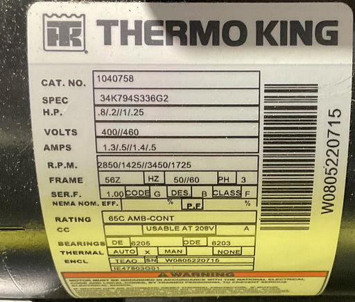THERMOKING 1040758 RELIANCE MOTOR 56Z 3PH 400/460V-208V