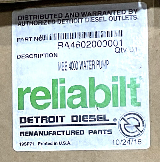 GENUINE DETROIT DIESEL RELIABILT MBE 4000 WATER PUMP RA4602000001
