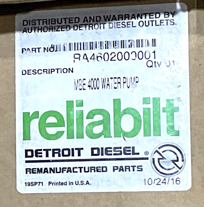 GENUINE DETROIT DIESEL RELIABILT MBE 4000 WATER PUMP RA4602000001