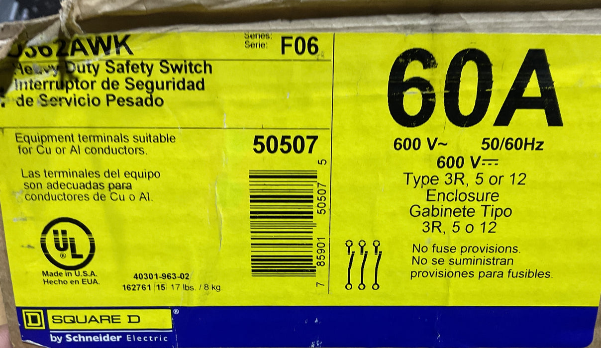 HU362AWK - Square D 60A 600V 3 Pole Non-Fusible Safety Switch NEMA 3R/12