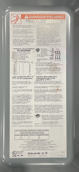 HU362AWK - Square D 60A 600V 3 Pole Non-Fusible Safety Switch NEMA 3R/12
