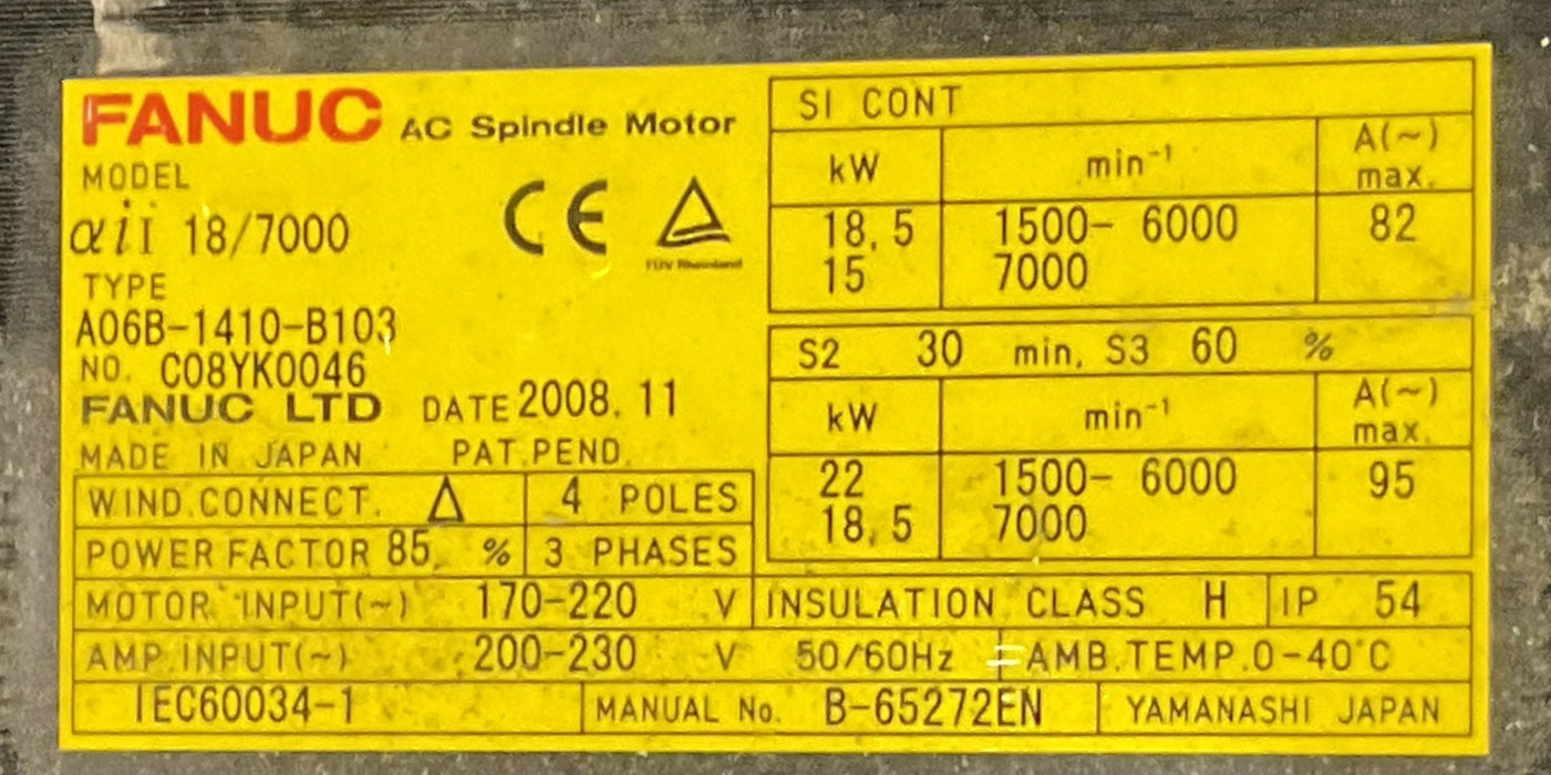 FANUC A06B-1410-B103 - AC SPNDL MDL Ai 18/7000, FLANGE, SLK, REAR