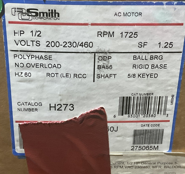 A.O. Smith 7-151195-03 1/2 HP AC Motor 230/460 volts 1800 Rpm 4P 56 Frame