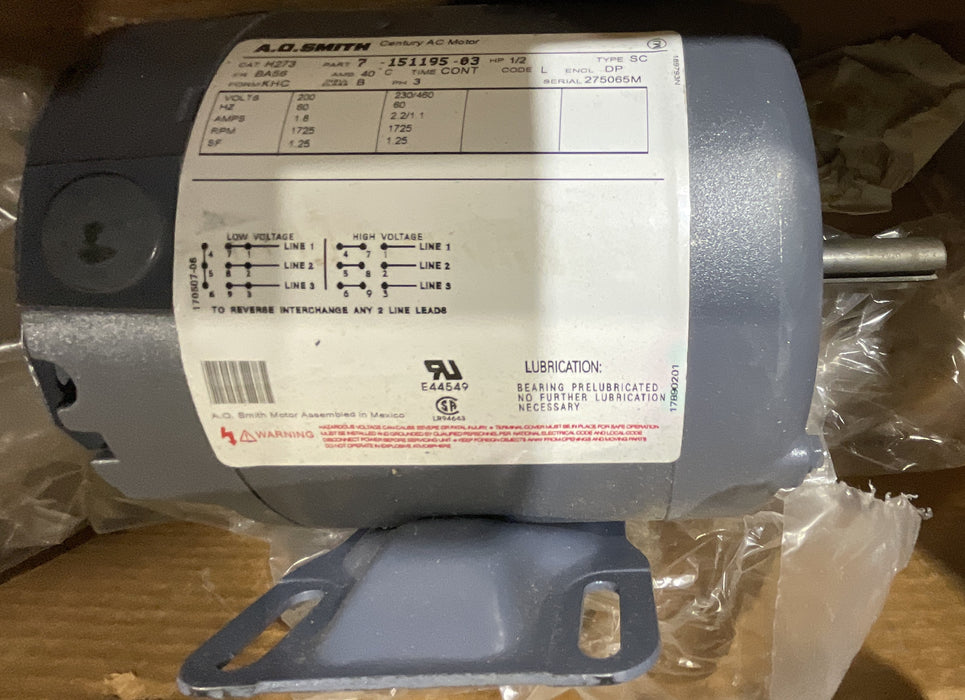 A.O. Smith 7-151195-03 1/2 HP AC Motor 230/460 volts 1800 Rpm 4P 56 Frame