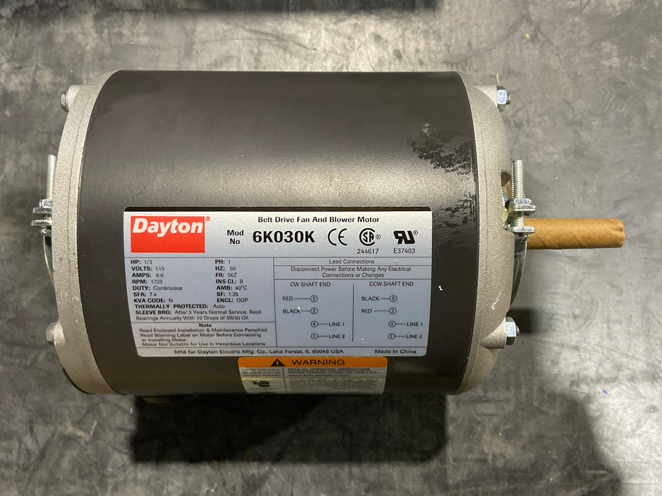 DAYTON 6K030K Motor, 1/3 HP, Split Ph, 1725 RPM, 115 V
