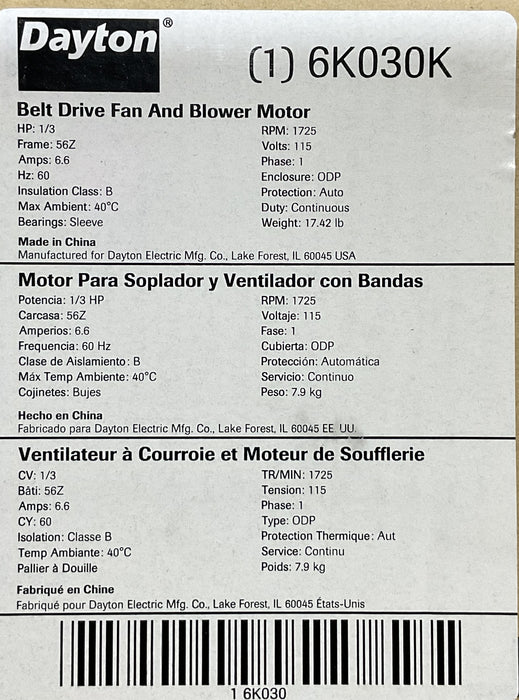 DAYTON 6K030K Motor, 1/3 HP, Split Ph, 1725 RPM, 115 V