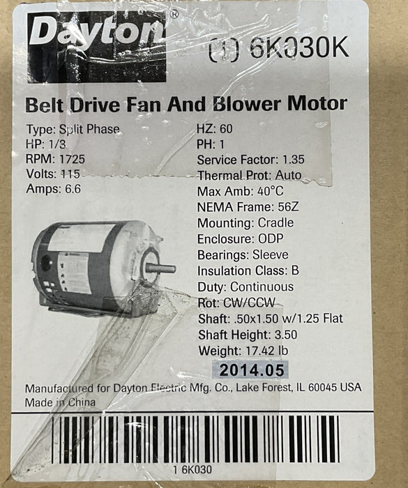 DAYTON 6K030K Motor, 1/3 HP, Split Ph, 1725 RPM, 115 V