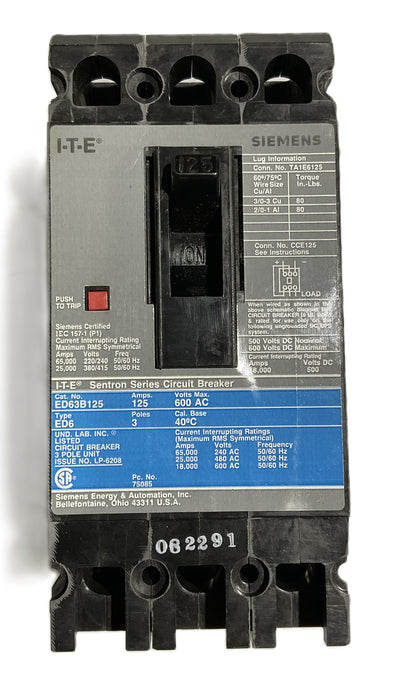 Siemens ED63B125 Sentron Series Circuit Breaker 125 AMP 3 Pole