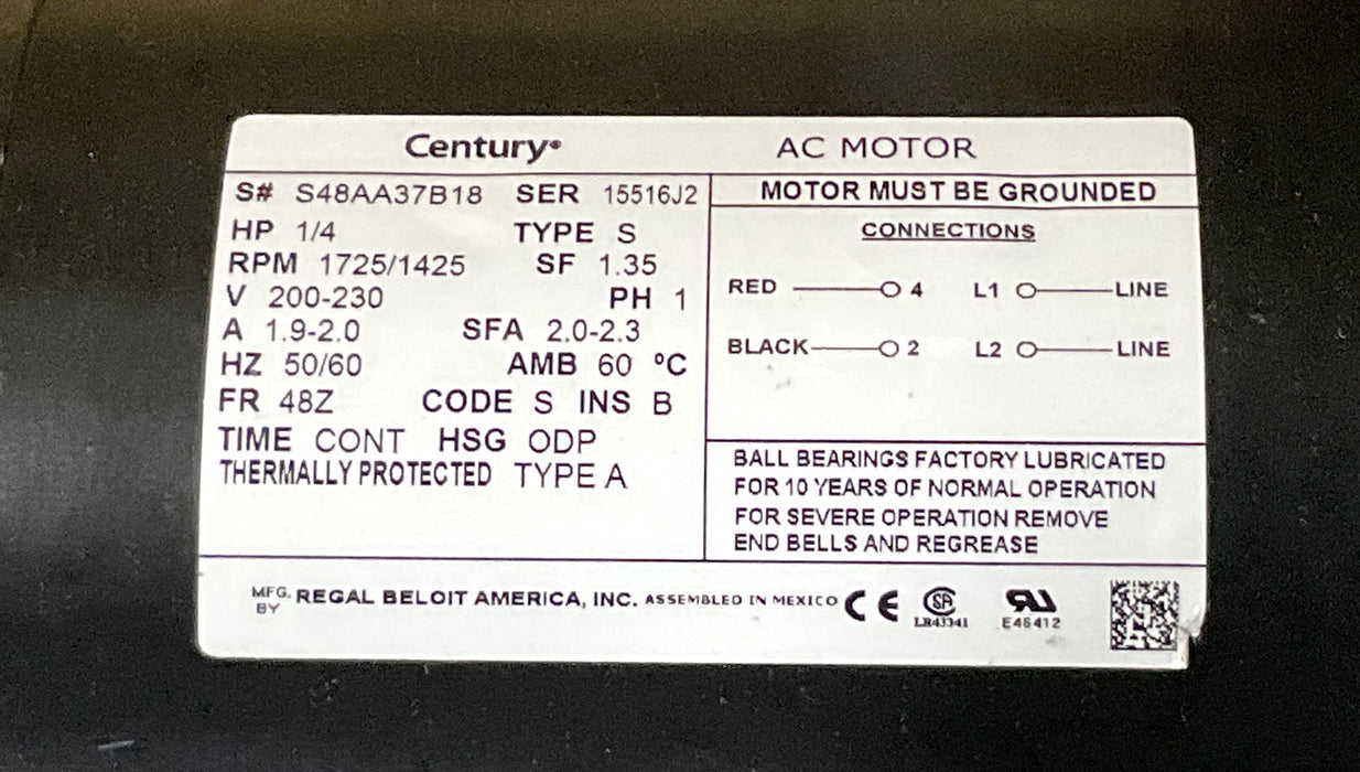 BLODGETT MOTOR 32313 100-115/200-230V 1/4Hp FRAME 48Z