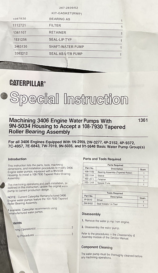 GENUINE NEW CAT 267-2839 Main Water Pump Rebuild Kit C15 C18