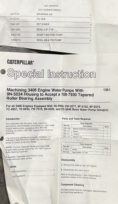GENUINE NEW CAT 267-2839 Main Water Pump Rebuild Kit C15 C18