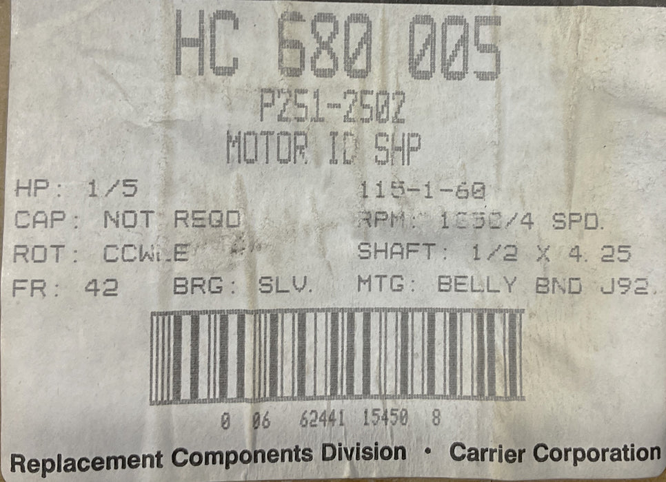 CARRIER Fan and Blower Motor 5KSP29KK2043 1/5HP, 115V HC680005 P251-2502