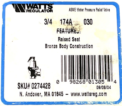 Watts Model M3 3/4 174A 3/4" Bronze Safety Relief Valve (30 SET PSI)