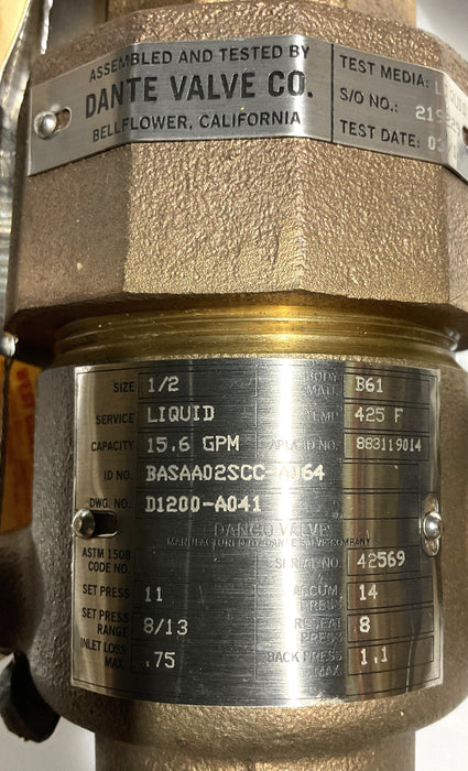 DANTE DASCO SAFETY RELIEF VALVE BASAA02SCC-A064 D50UU-02 1/2IN 8T13PSI
