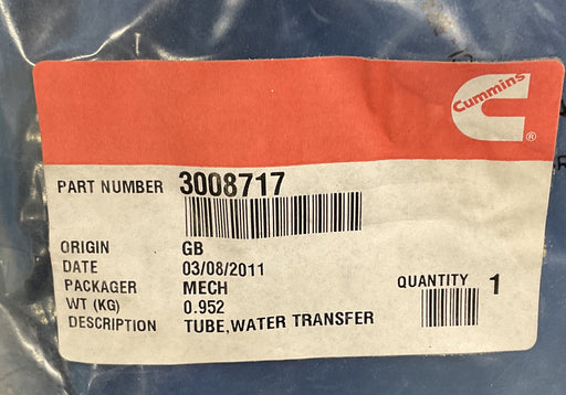 GENUINE CUMMINS 3008717 WATER TRANSFER TUBE