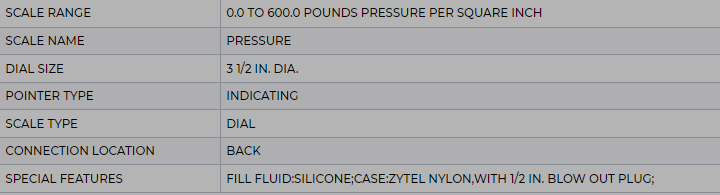 SPAN INSTRUMENTS PRESSURE DIAL GAGE LFP 310-600-PSI-G SULLAIR 48061