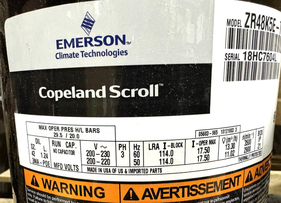 COPELAND SCROLL ZR48K5E-TF5-800 Compressor - 38,500-62,500 BTU