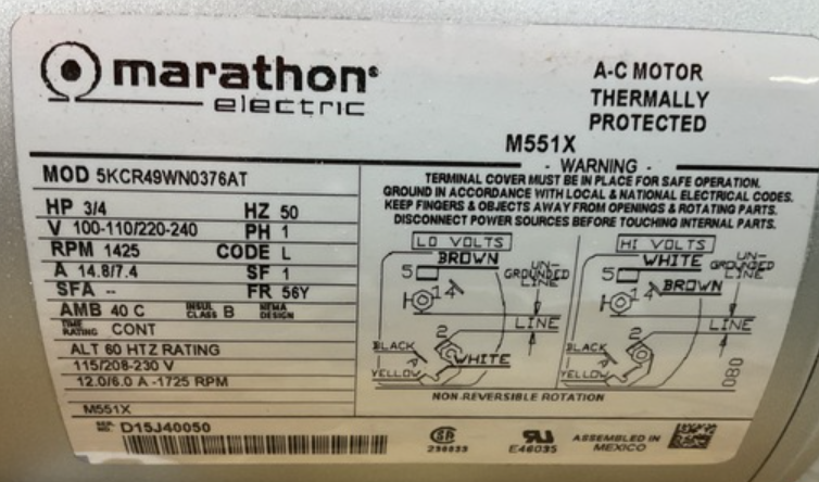 (nos) GAST 5HCD-10-M551X Piston Air Compressor, 3/4 HP, 115/220-240 VAC 1425 RPM