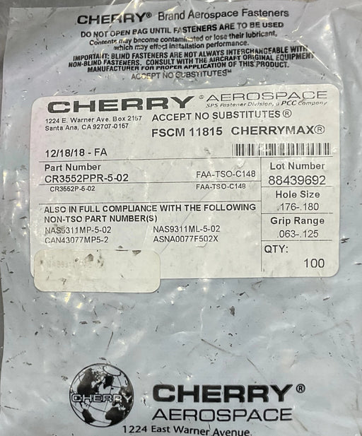 (100) Cherry blind rivit CR3552PPR-05-02 (REFERENCED CR3552-5-02 CR3552P-5-02