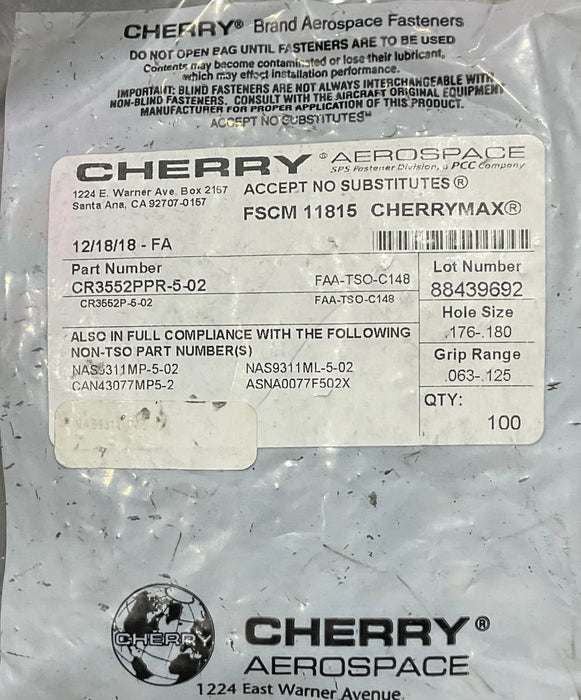 (100) Cherry blind rivit CR3552PPR-05-02 (REFERENCED CR3552-5-02 CR3552P-5-02