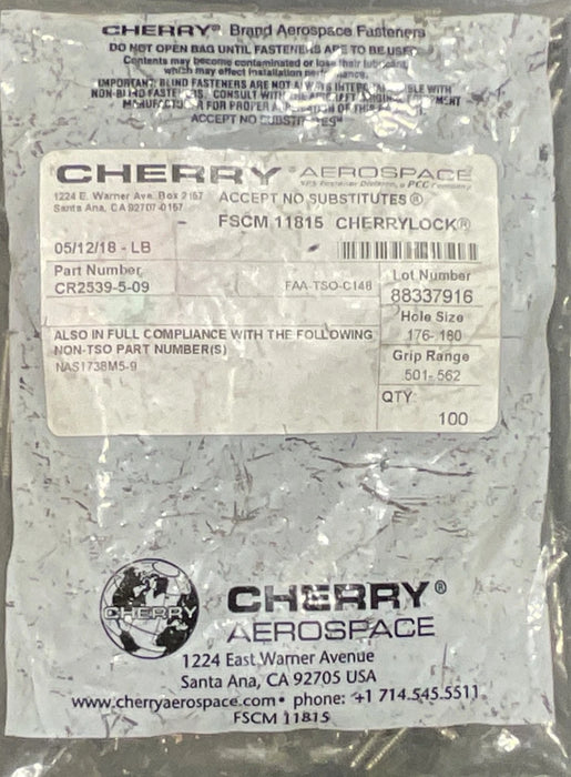 (100) CHERRY BLIND RIVET CR2539-0-09 C28 HEAD NICKEL ALLOY 400/600 NAS1738M5-9