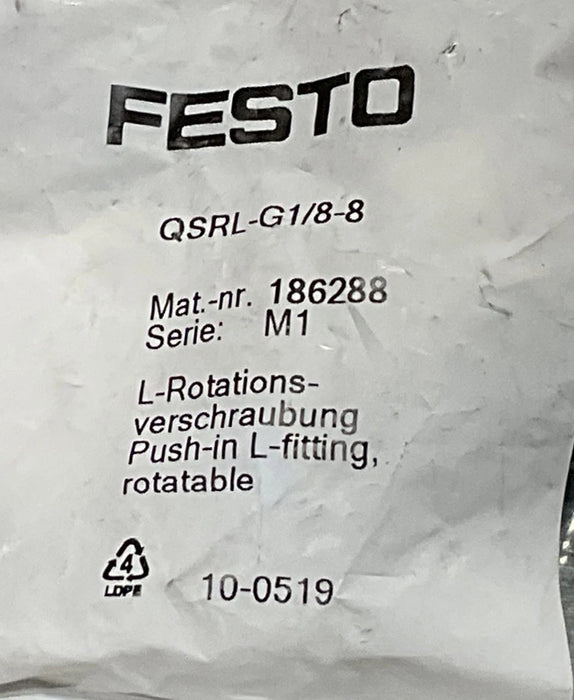 GENUINE NEW FESTO L-type rotary joint QSRL-G1/8-8 186288