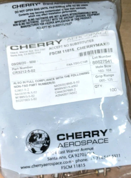 (500 RIVETS PER PURCHASE) GENUINE CHERRY TEXTRON BLIND RIVET CR3212-5-2