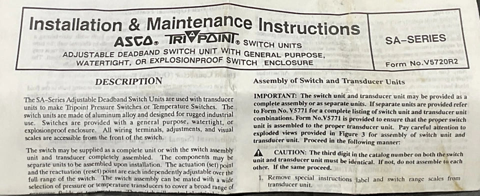 ASCO SA12D PRESSURE SWITCH