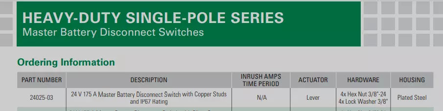 COLE HERSEE 24025-03 Heavy-Duty Master Battery Disconnect Switch CNH R52278 24V