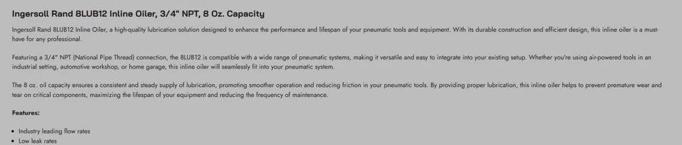 Ingersoll Rand 8LUB12 Inline Oiler, 3/4" NPT, 8 Oz. Capacity
