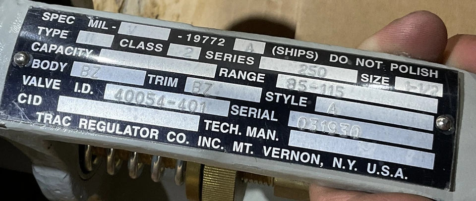 TRAC 40054-401 MIL-V-19772 A TYPE II CLASS 2 SERIES 250 RANGE 85-115 4820-01-255-9600