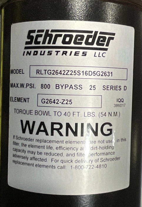 SCHROEDER RLTG2642Z25S16D5G2631 FLUID FILTER 10004C0103 MIL , 4330-01-614-9092