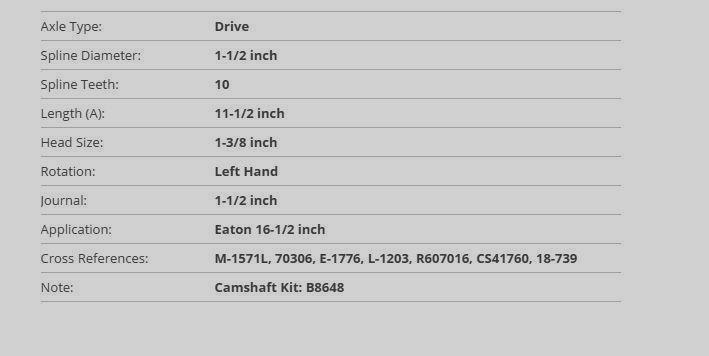DANA 1-1/2 inch Brake Camshaft - Left Hand 70306, E-1776, L-1203, R607016, CS417