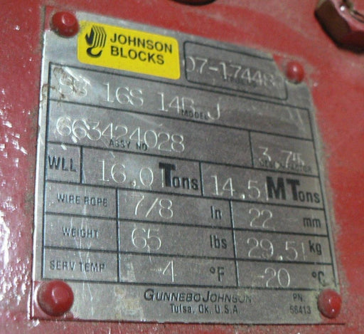 GUNNEBO JOHNSON BLOCKS SB16S14BJ 16TON 14.5MT 7/8 WIRE ROPE