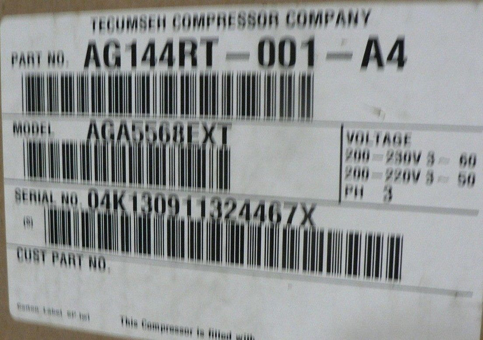 Tecumseh Compressor AG144RT-001-A4 MODEL AGA5568EXT