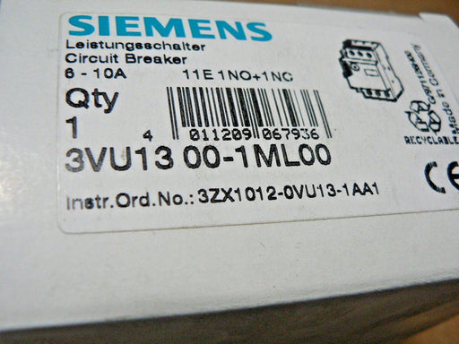 SIEMENS 3VU1-300-1ML00 STARTER MOTOR PROTECTOR 6-10AMP 3POLE 600VAC 1NO/1NC