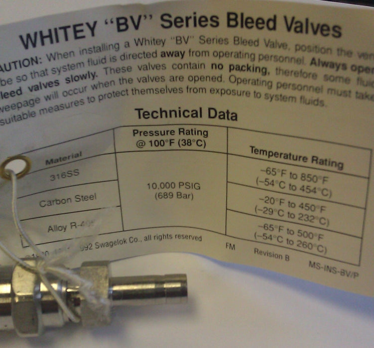 WHITEY HYDRAULIC BLEEDER VALVE BV SERIES SS-4P-4T