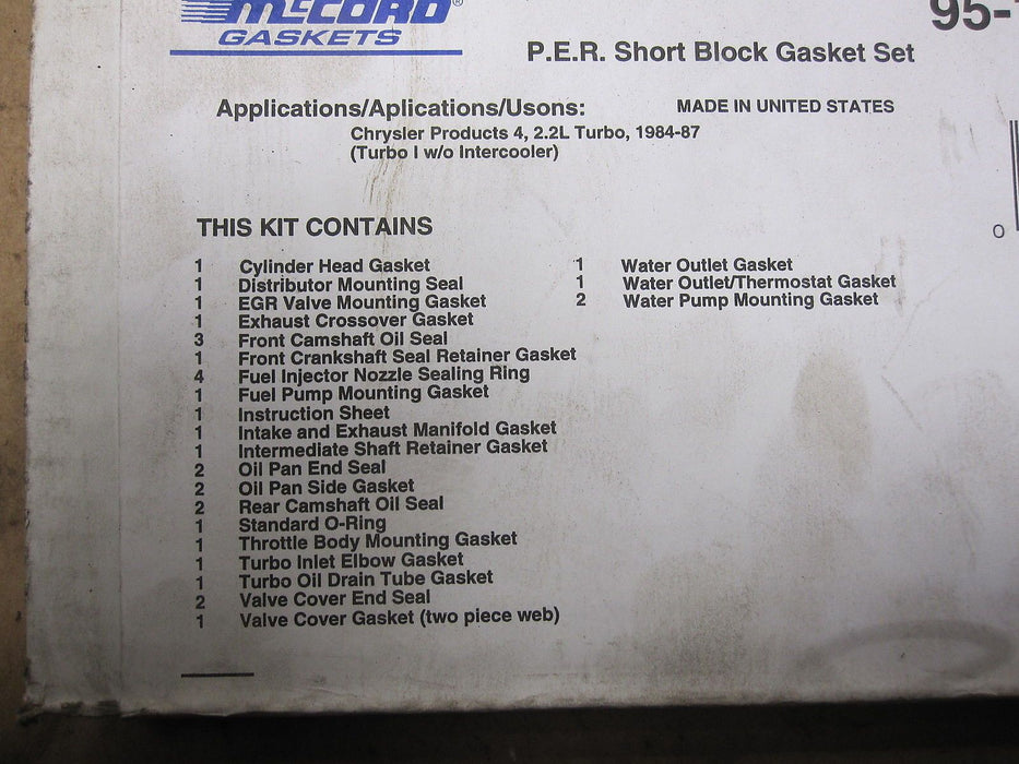 1984-87 CHRYSLER 2.2L TURBO W/O IC SHORT BLOCK GASKET KIT McCORD 95-1183