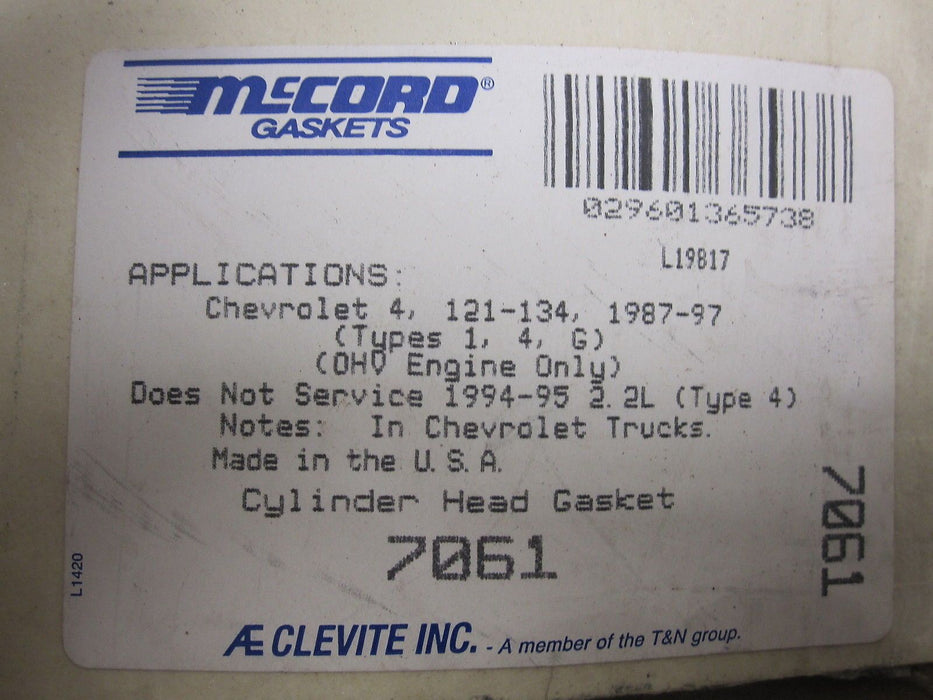1987-97 CHEVY 121 134 2.0L 2.2L HEAD GASKET McCORD 7061