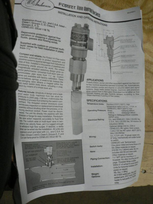 DWYER V4-SS SERIES V4 FLOTEC T VANE OPERATED FLOW SWITC